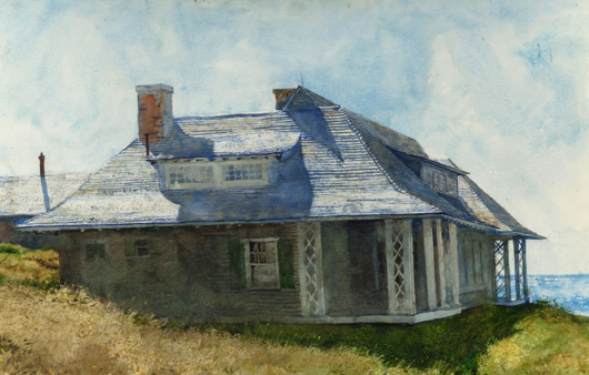 Jamie Wyeth (American, b. 1946), ‘Partridge House, Monhegan Island, Maine,’ 1969, watercolor on paper laid on board. Estimate: $70,000-$100,000. Heritage Auctions image.